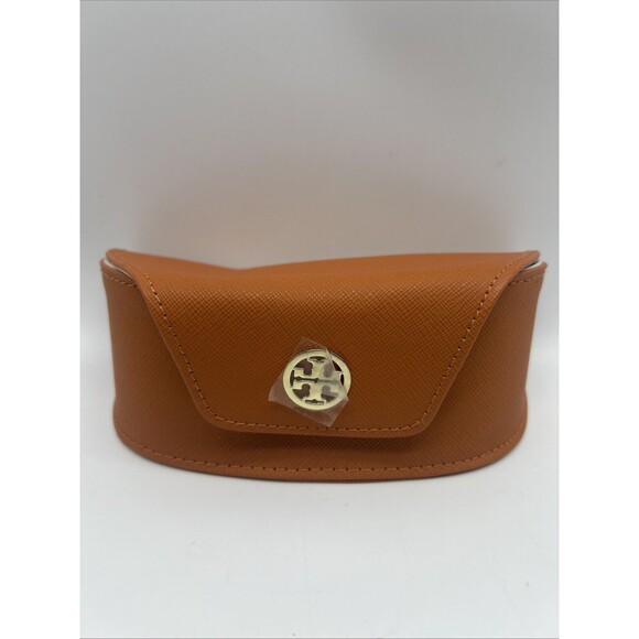 TORY‎ BURCH Case Sunglasses Eyeglasses Saffiano Leather Orange Snap Closure Logo - Picture 1 of 7